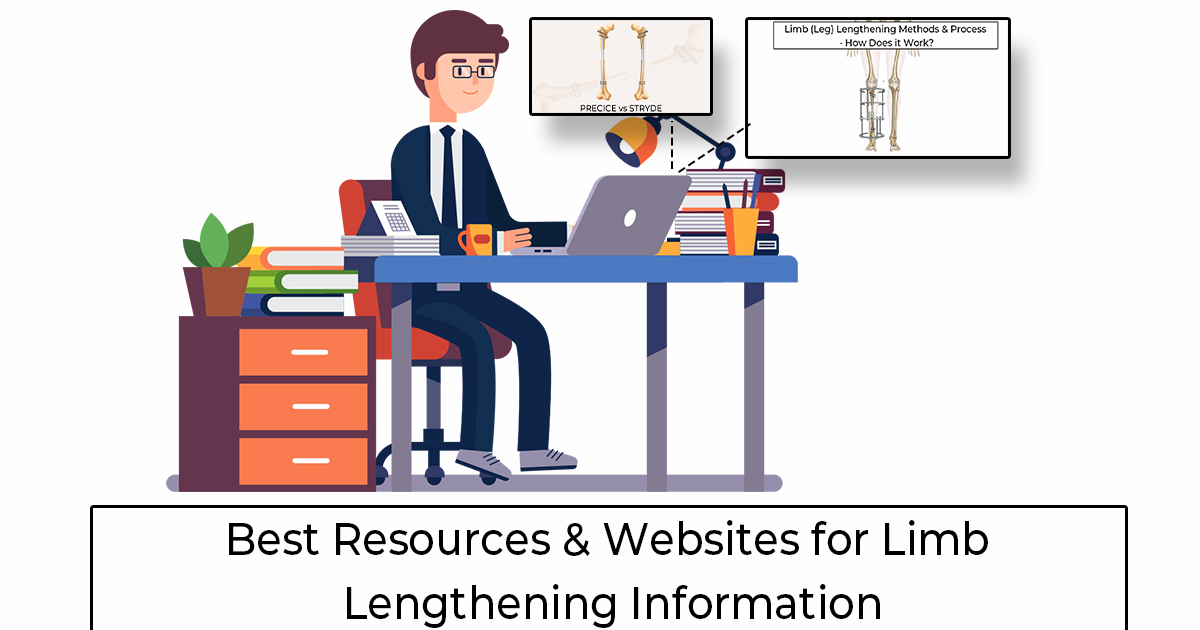 A man sitting at a desk researching limb lengthening surgery websites for resources and information on how it works, or if it's right for him.