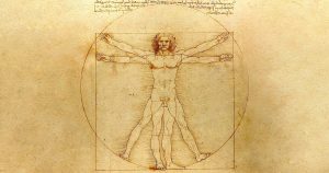 A man with his arms out in a T which fits perfectly inside a circle and square indicating perfect body proportions.