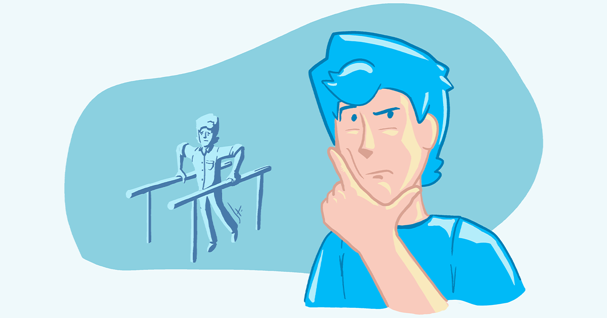 A man with his hand near his chin is wondering when he will be able to walk after surgery while looking at another man on walking aid parallel bars.