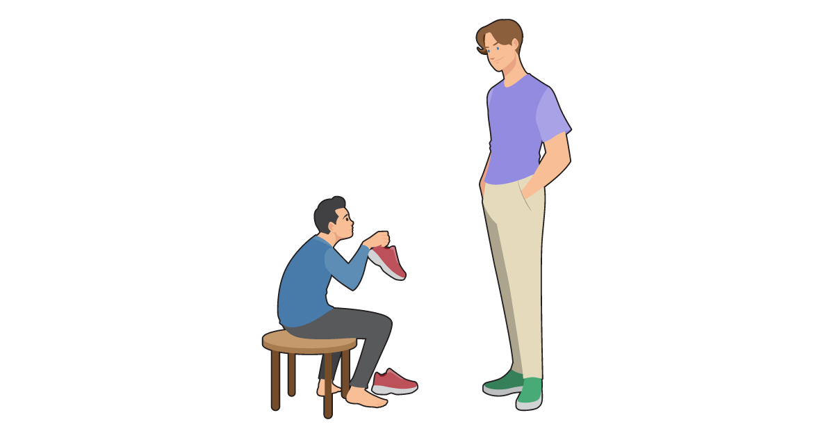 A person of short stature with heel lifts and elevator shoes wishing he was taller while looking up to a taller man.