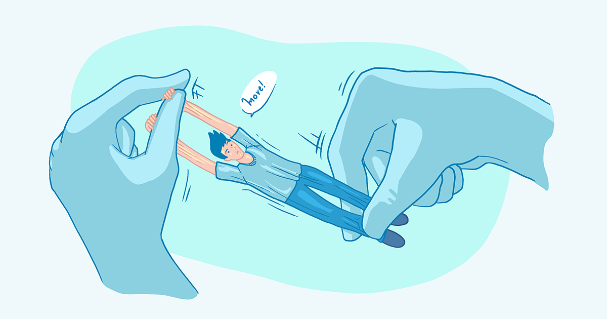 A man being lengthened or stretched apart by two floating hands pulling from his arms and legs.