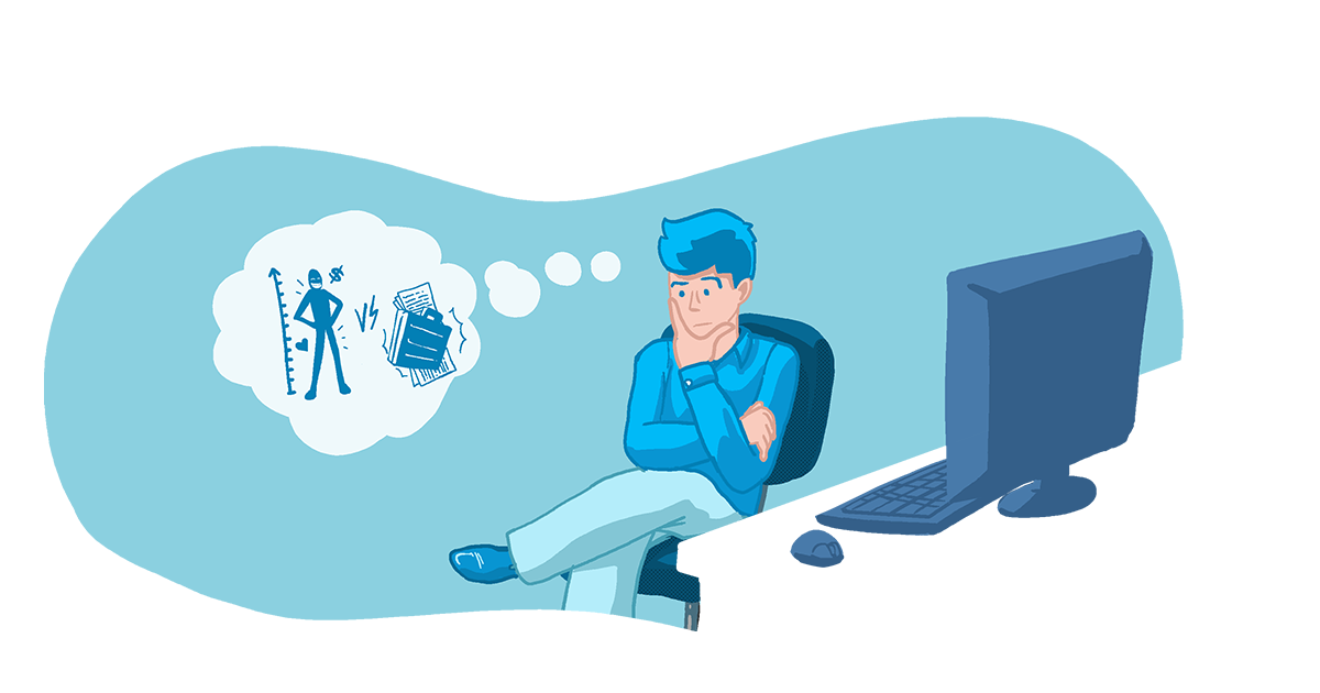 A man is sitting at his desk with a thought bubble showing he's wondering when he will be able to work again.