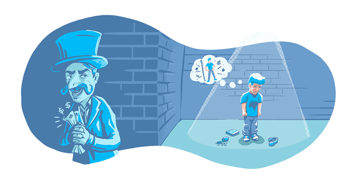 A money-hungry and greedy man is smirking in an alleyway while a man of short stature puts his head down in disappointment because a height-increasing scam fooled him.