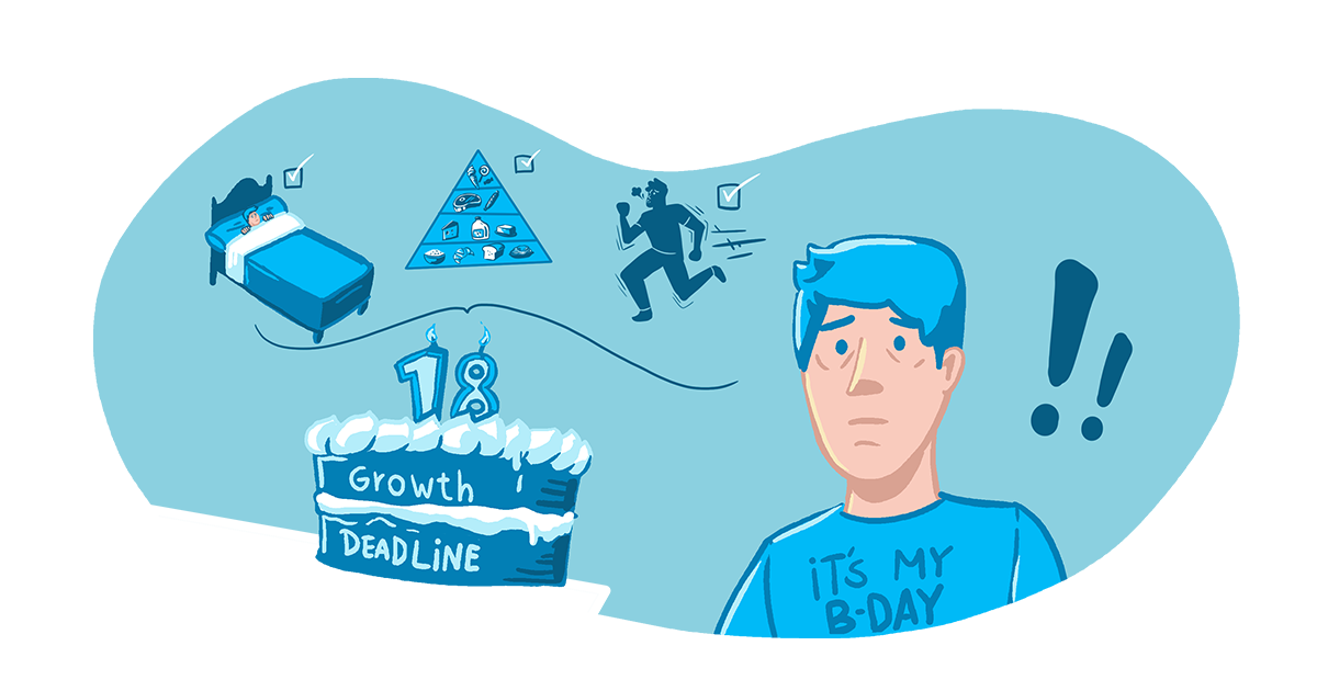 A man stands next to a birthday cake that says "growth deadline" and other symbols showing that sleep, nutrition, and exercise can help some gain height if their growth plates aren't fused.