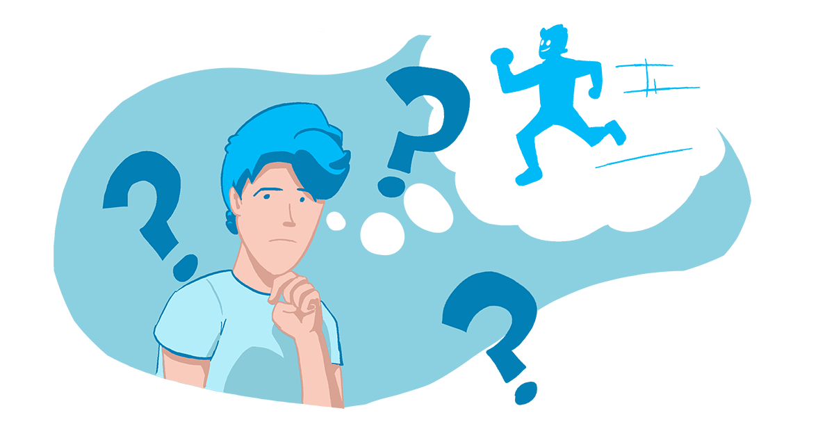A man ponders when he will be able to run again, and a thought bubble above him shows a person sprinting.