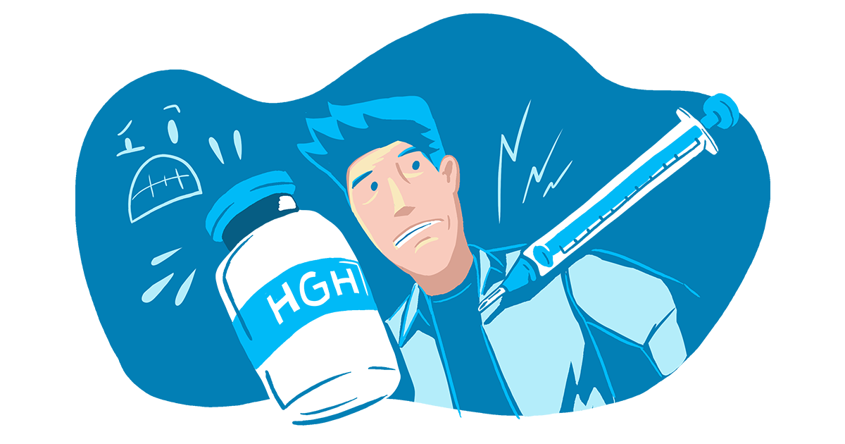 A man who is showing a face of curiosity when looking at a bottle of human growth hormone and a syringe
