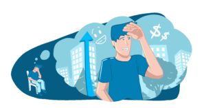 A shorter man has a thought bubble where he's thinking how it might feel to be tall. In the though bubble there's a smile emoji, a confident man towering above buildings, and money signs.